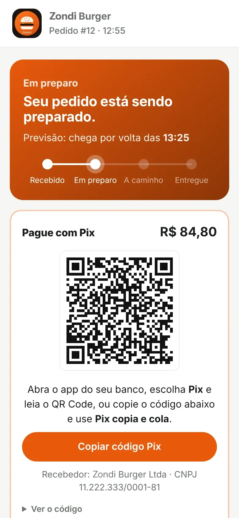 Página de acompanhamento com o pedido em preparo, a previsão de chegada e o QR Code do Pix